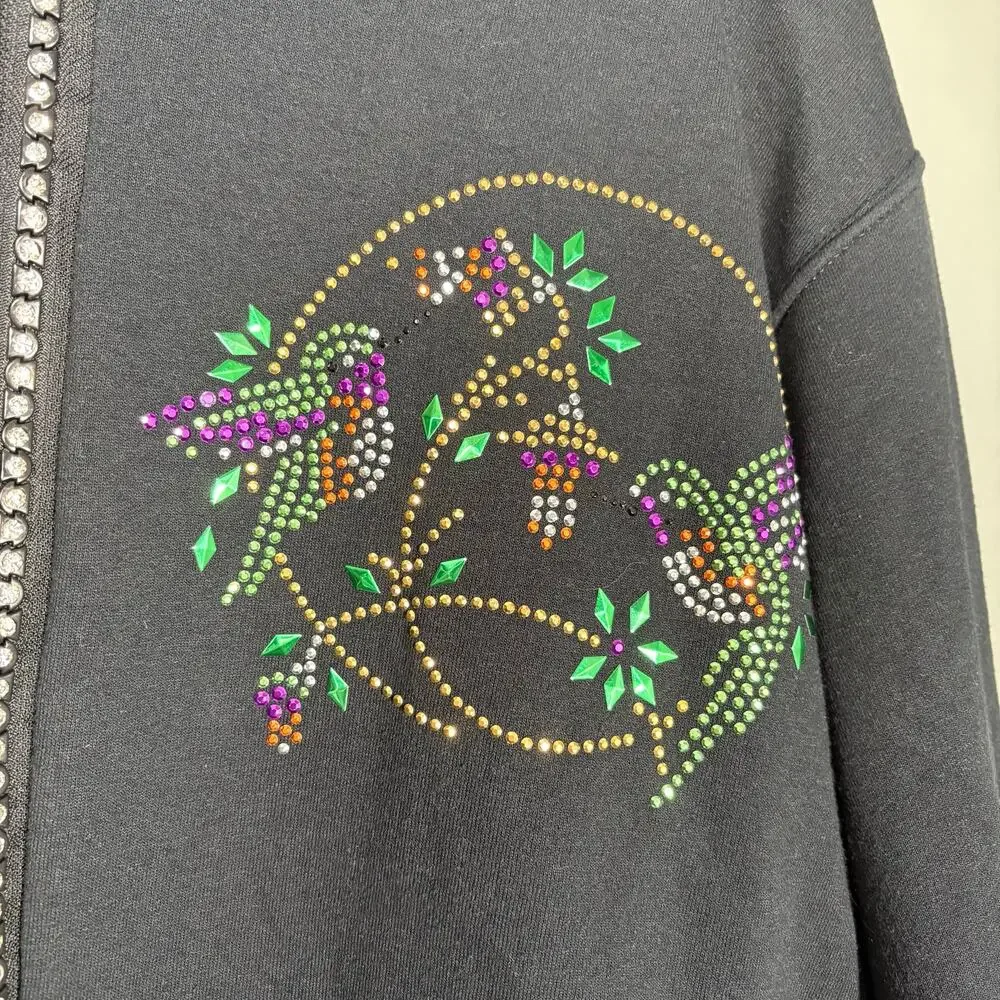 Women's Black Rhinestone Hummingbird Zip Up Fleece Jacket Sweatshirt - Size XL
